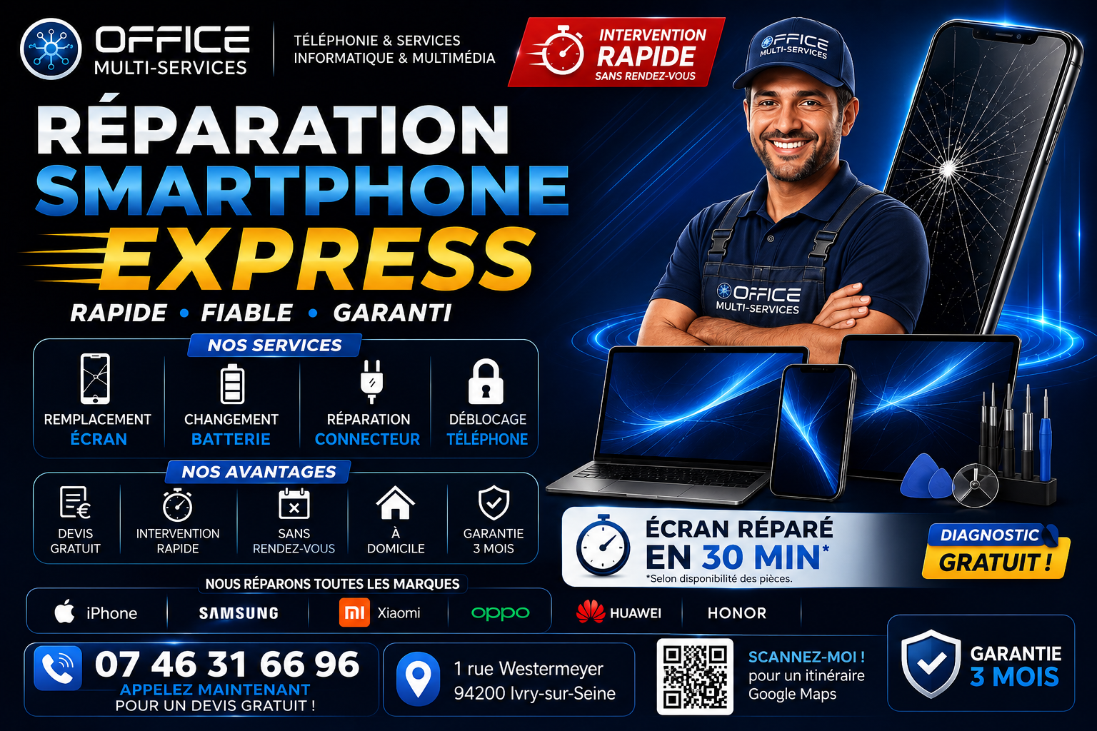 Affiche Office Multi-Services : réparation smartphone express, écrans, batteries, connecteurs et coordonnées du magasin
